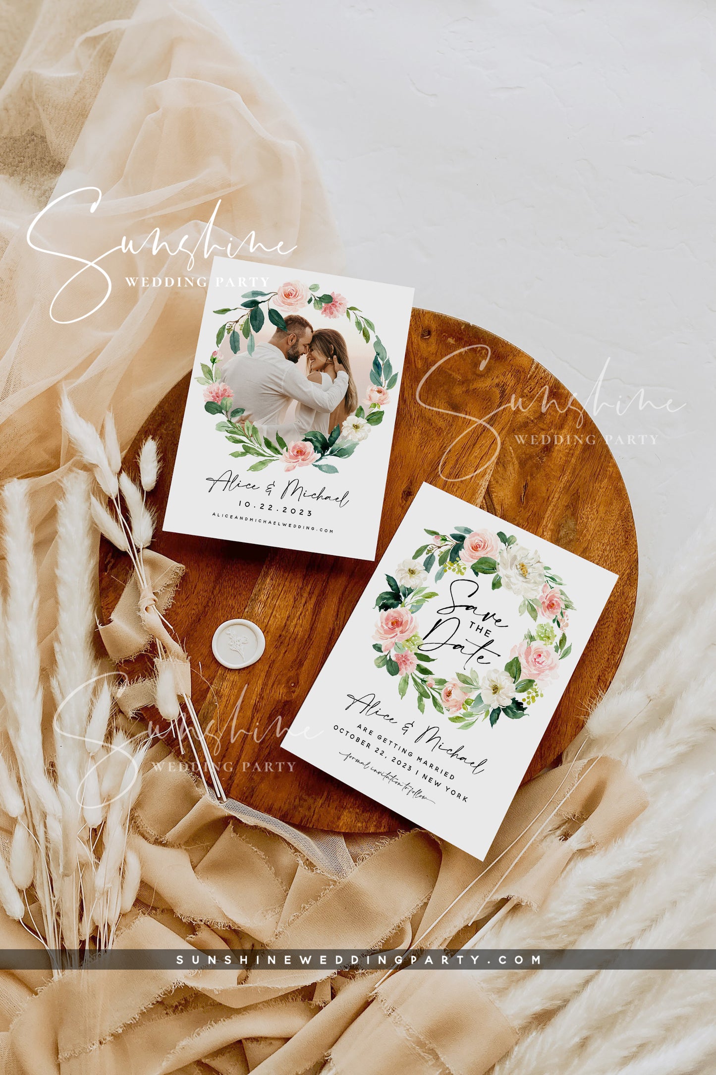 White and Pink Blush Floral Photo Save the Date Template