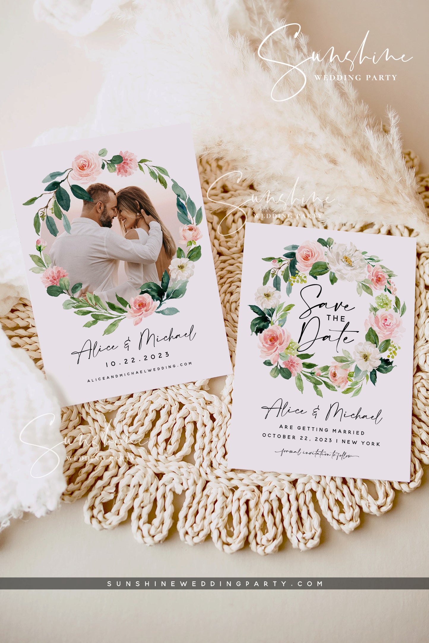 White and Pink Blush Floral Photo Save the Date Template