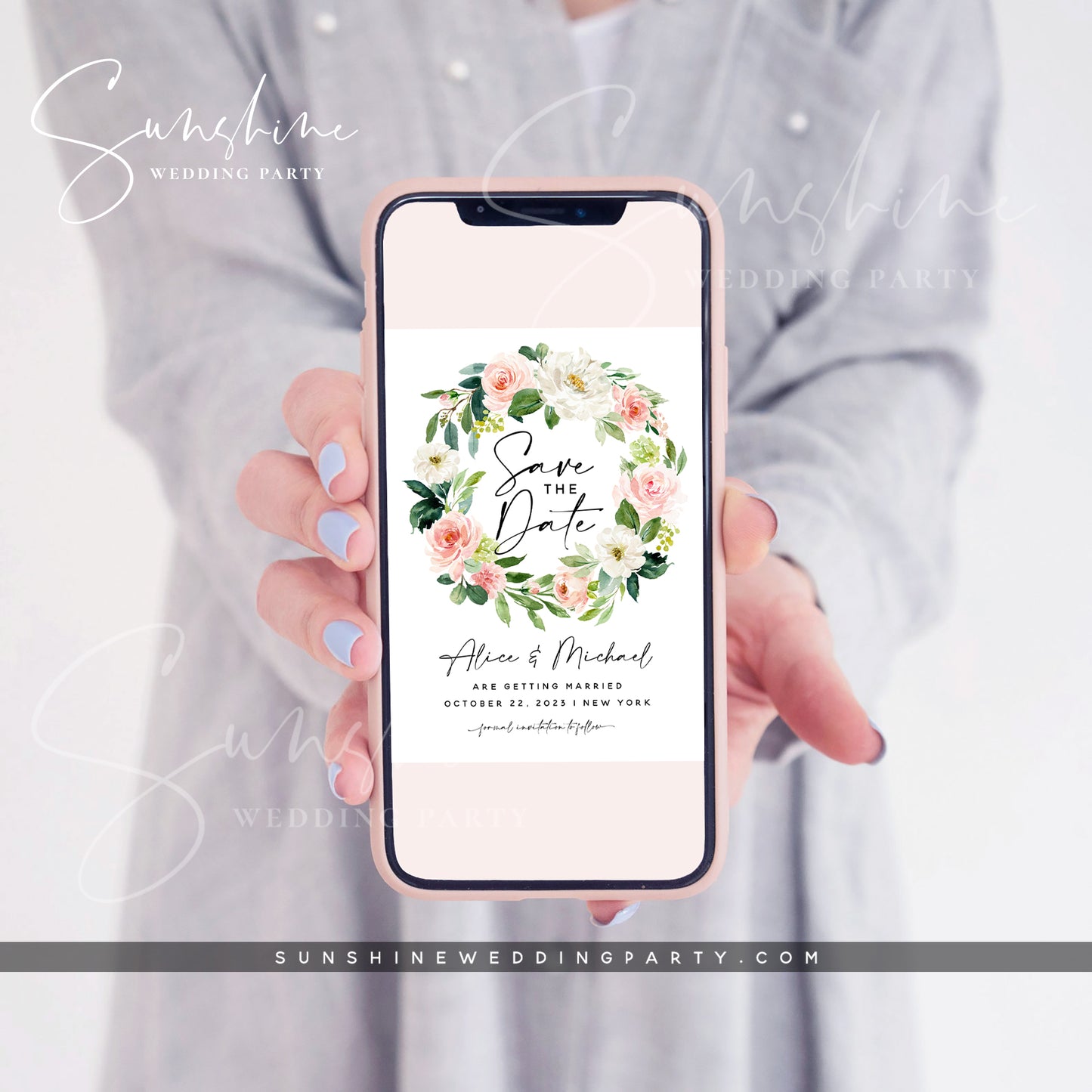 White and Pink Blush Floral Photo Save the Date Template