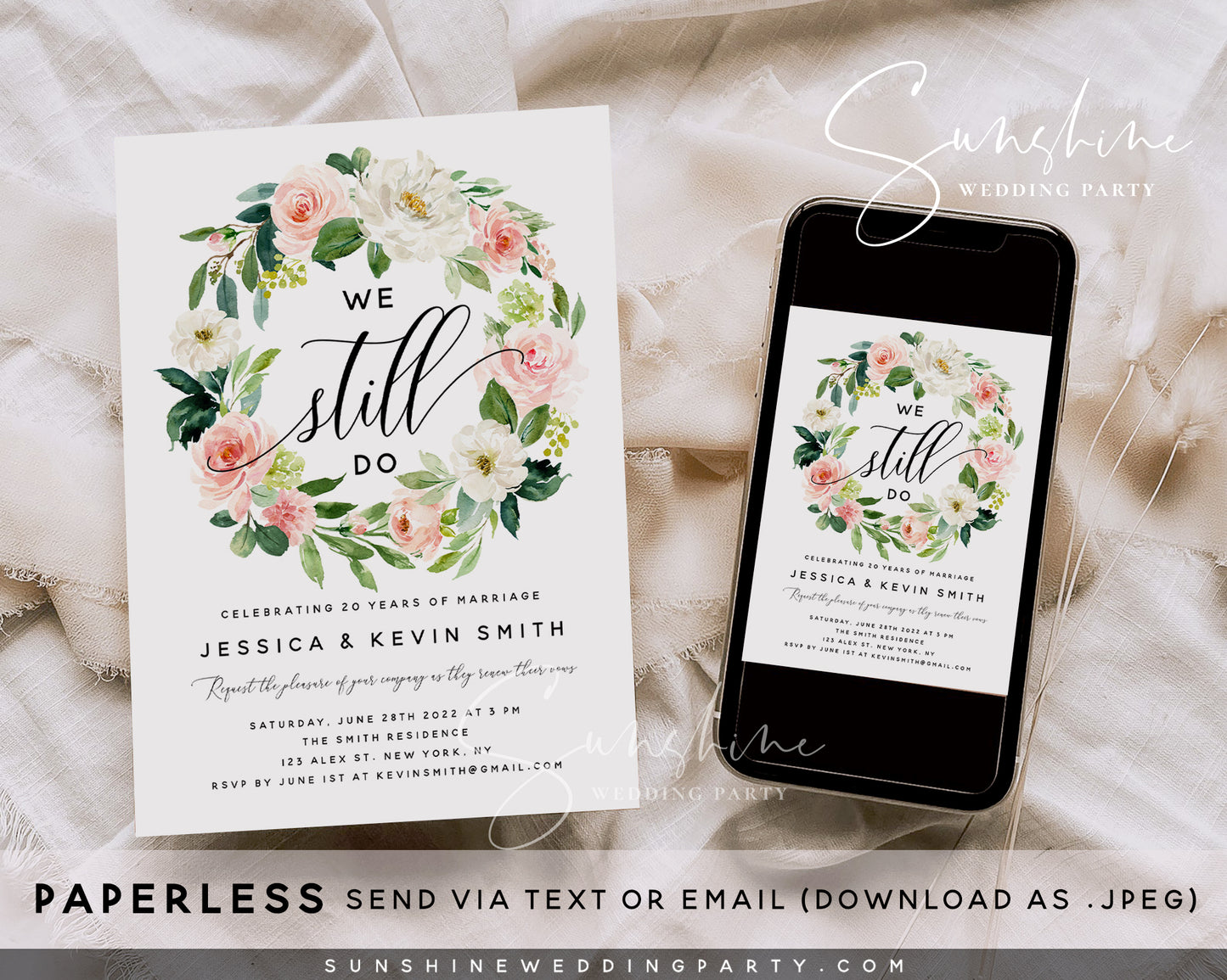 White and Pink Blush Floral Vow Renewal Invitation Template