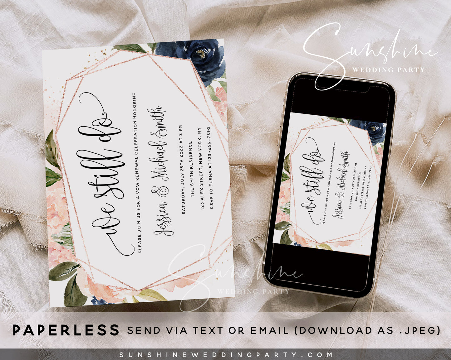 Navy & Blush Vow Renewal Invitation Template