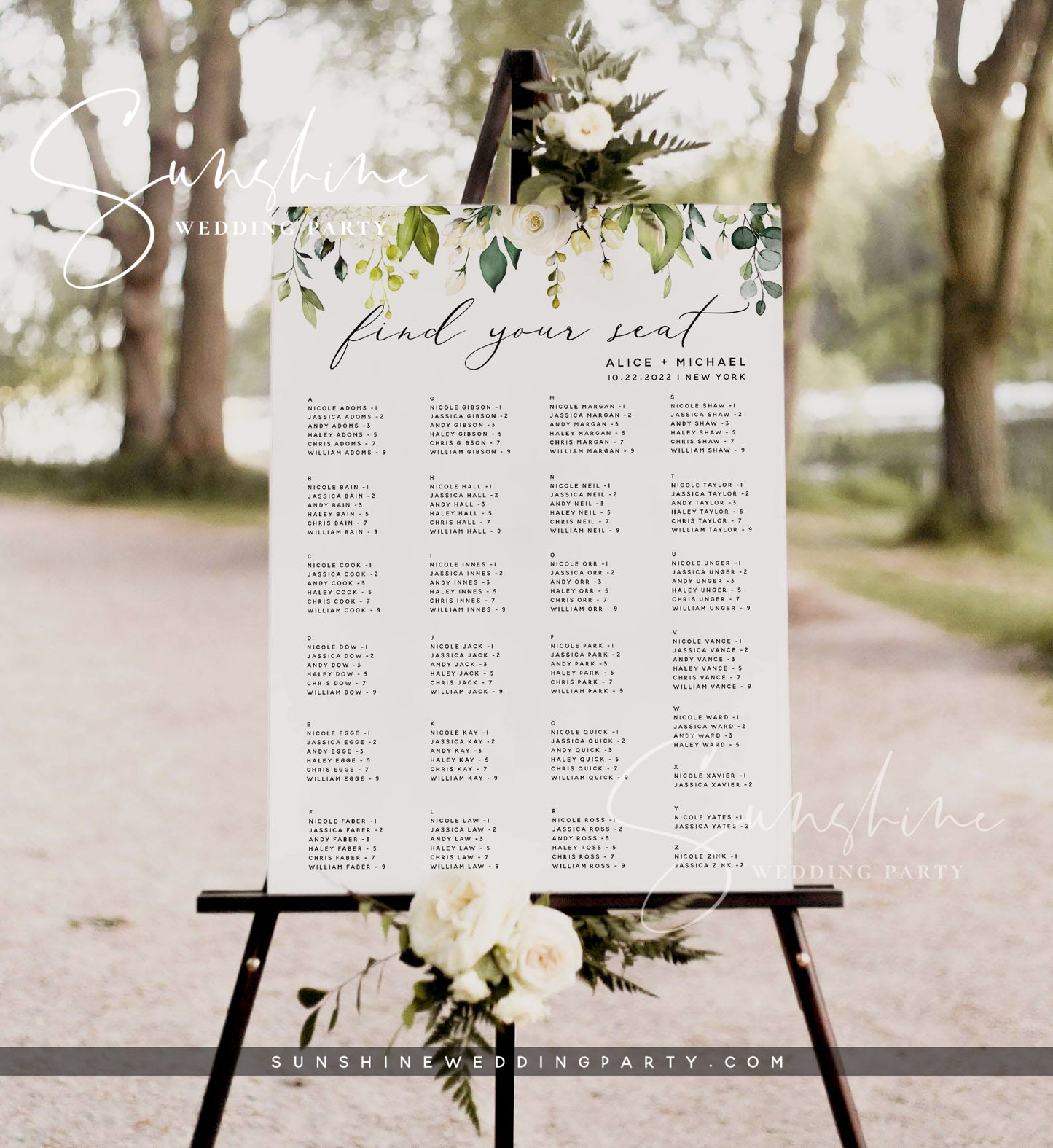 White Floral Wedding Alphabetical Seating Chart Template