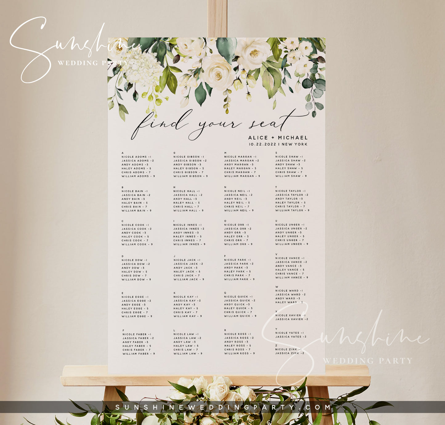 White Floral Wedding Alphabetical Seating Chart Template
