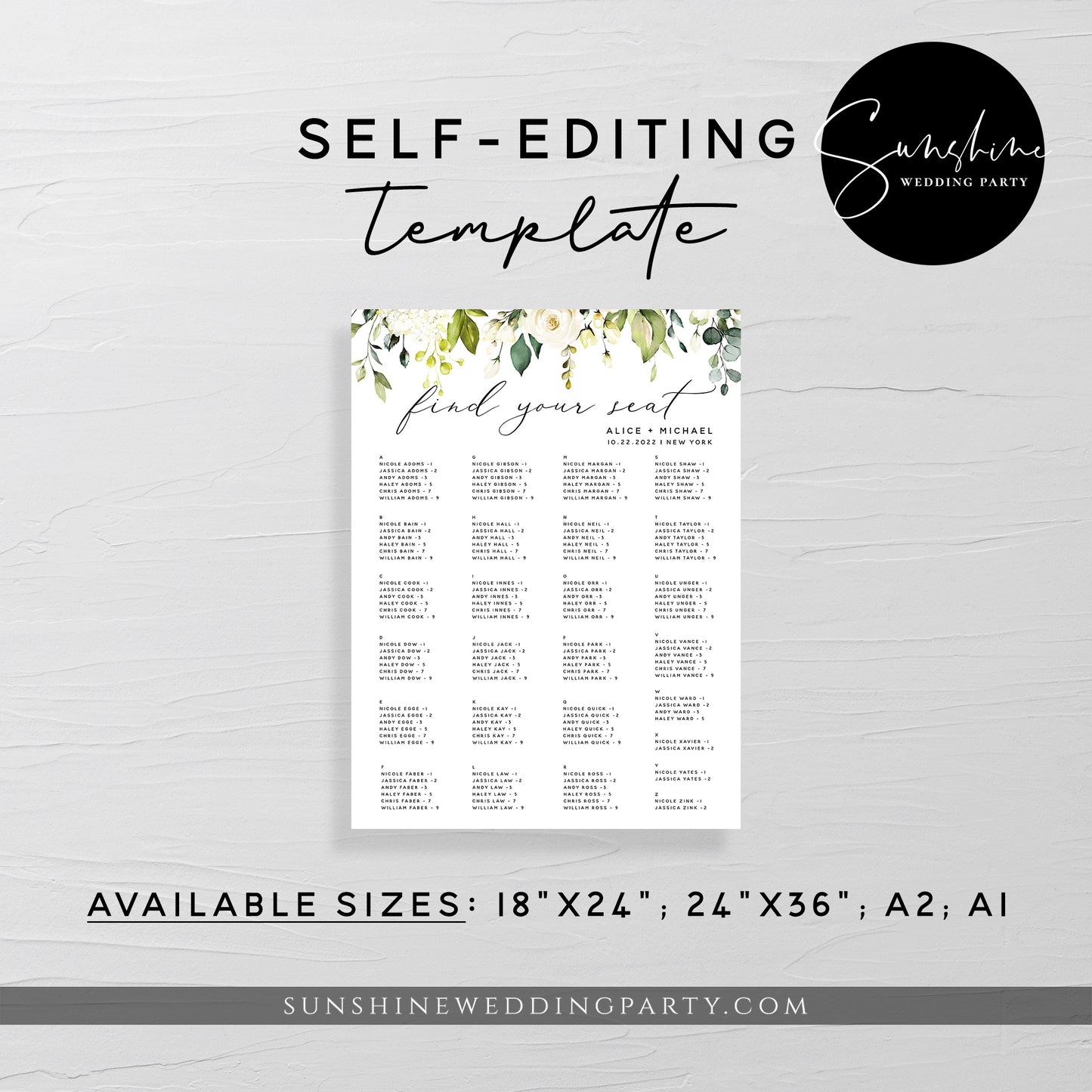 White Floral Wedding Alphabetical Seating Chart Template