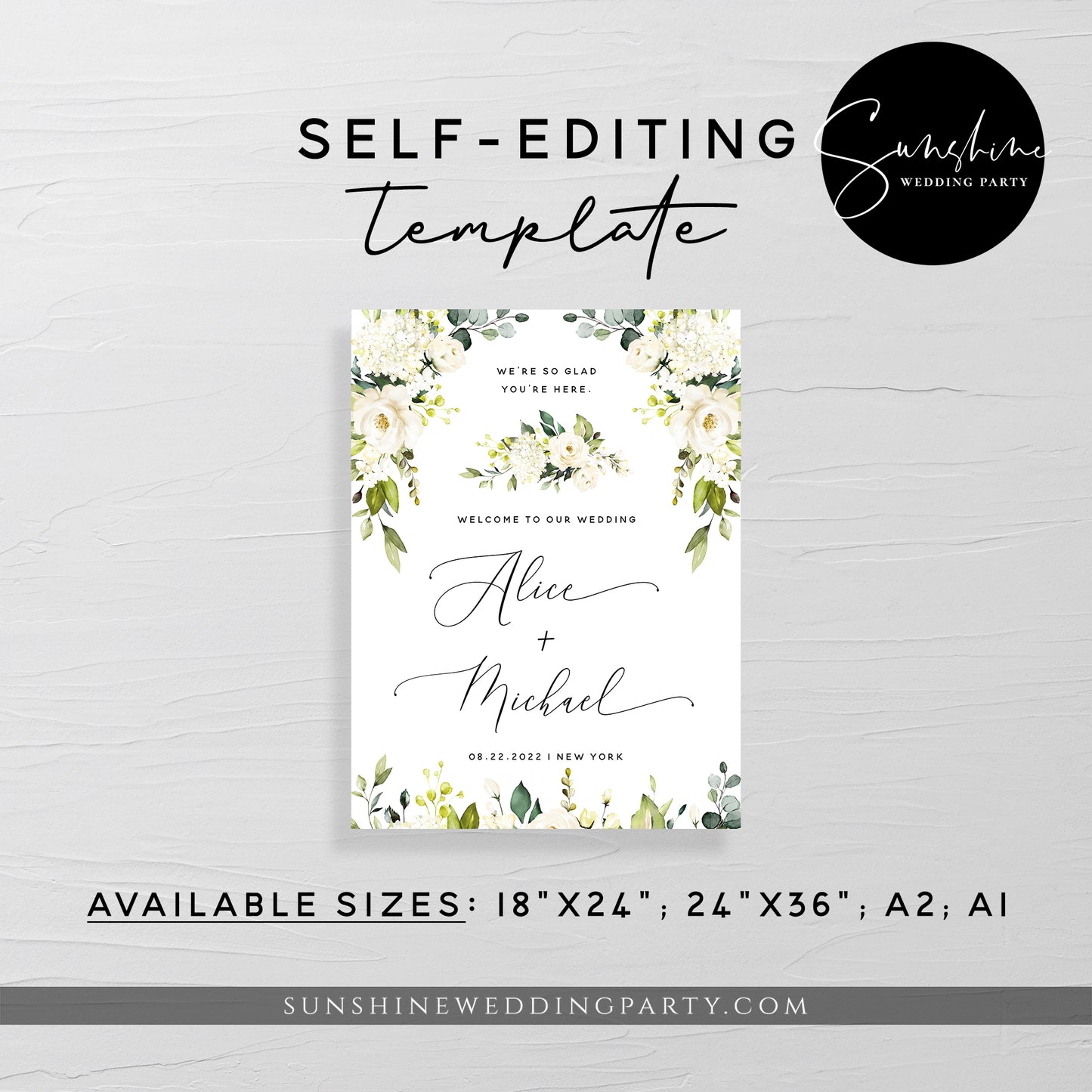 White Floral Wedding Welcome Sign Template