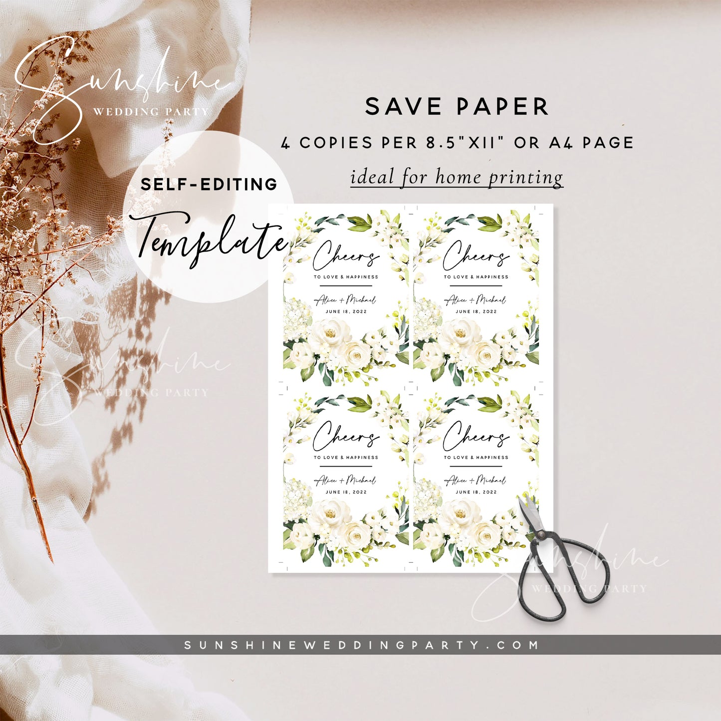 White Floral Editable Wine Bottle Label Template