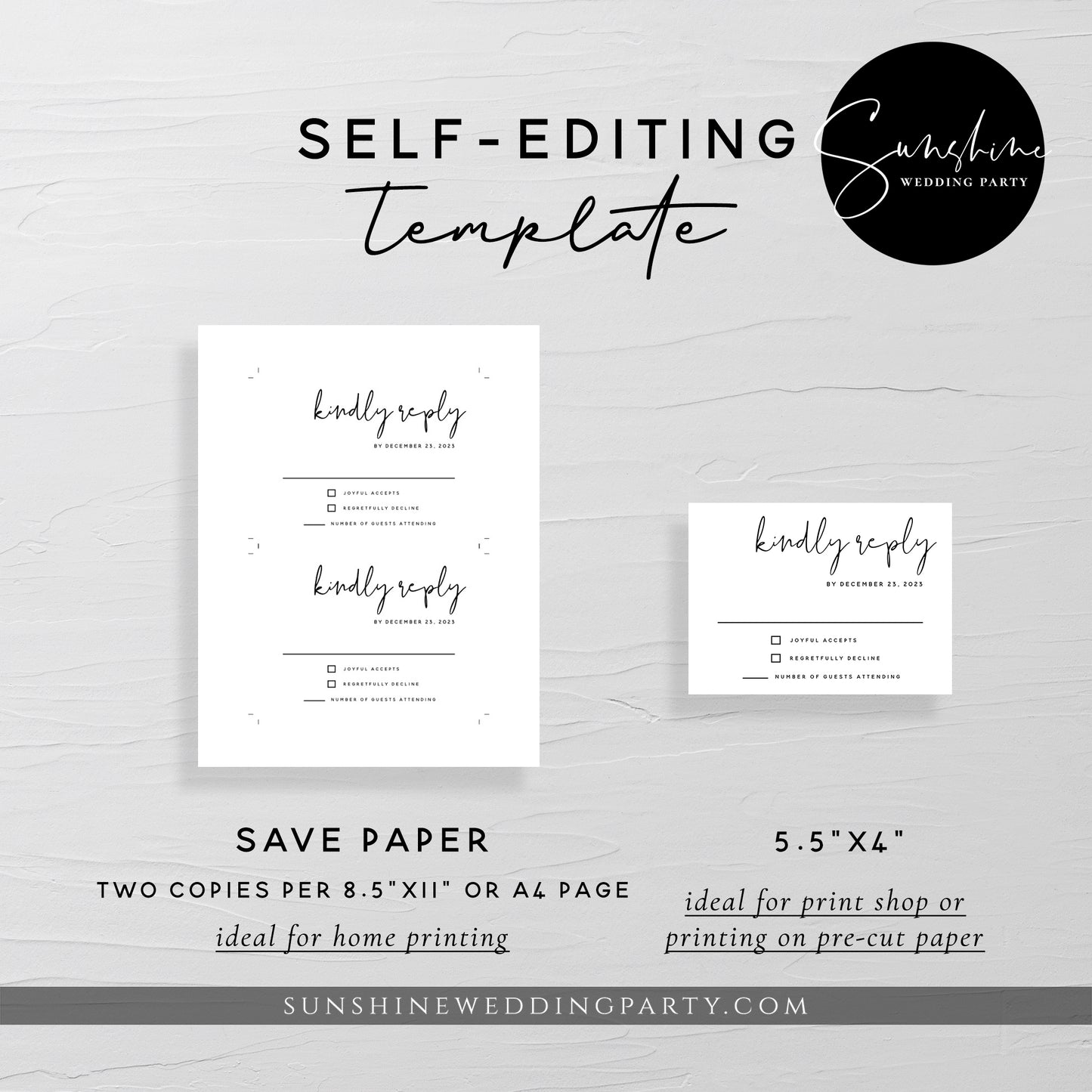Wedding RSVP Cards, Printable Modern Kindly Reply Cards, Editable Template