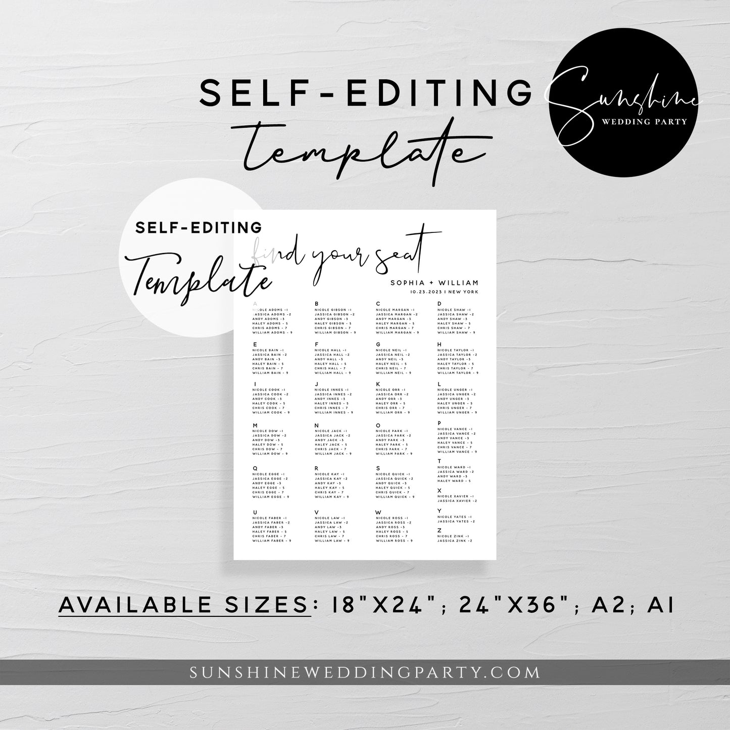Wedding Alphabetical Seating Chart Sign, Printable Seating Chart Sign, Editable Template