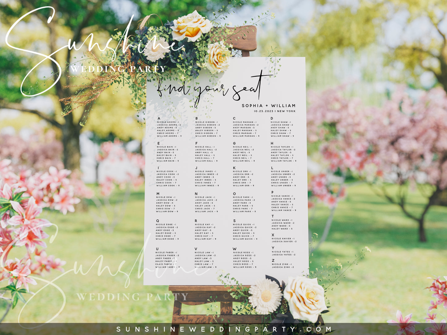 Wedding Alphabetical Seating Chart Sign, Printable Seating Chart Sign, Editable Template