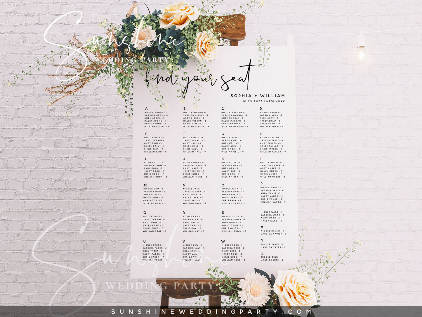 Wedding Alphabetical Seating Chart Sign, Printable Seating Chart Sign, Editable Template