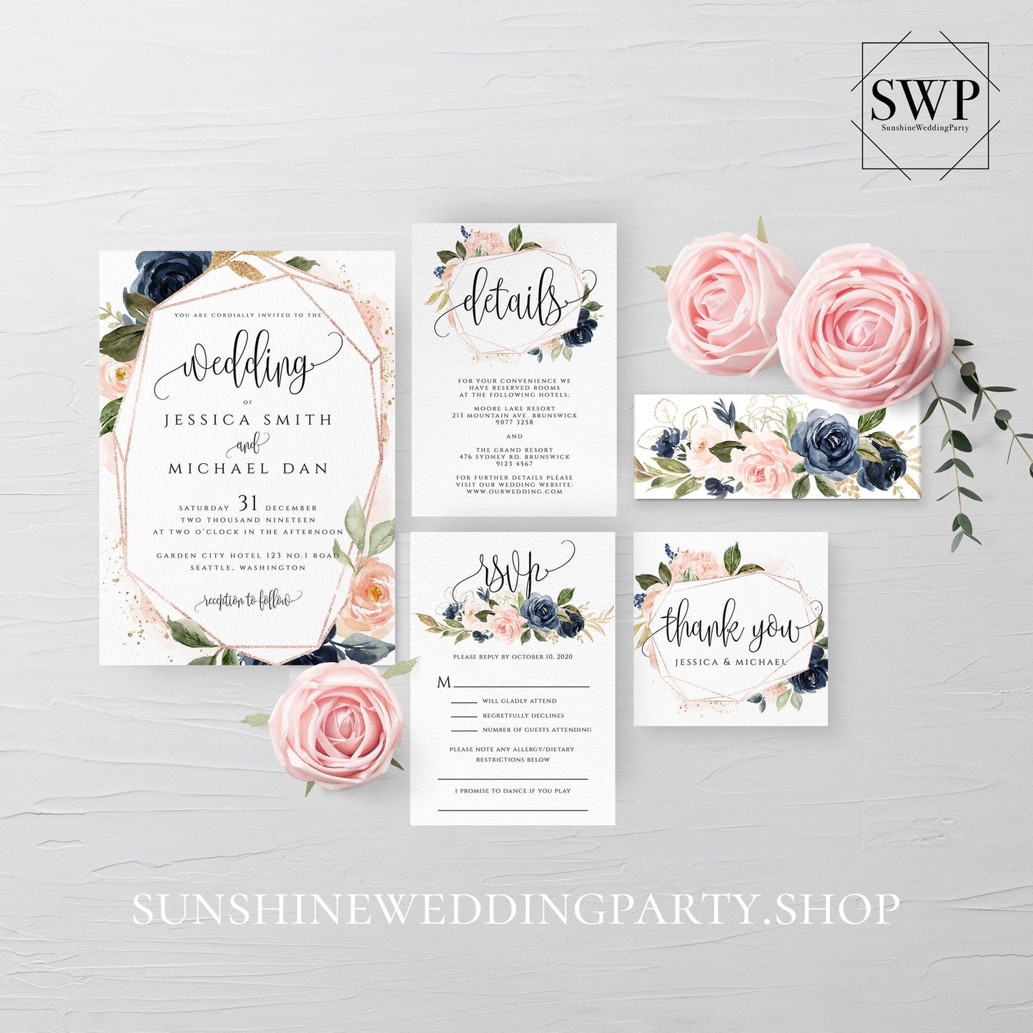 Navy Blush Floral Wedding Invitation Suite Template