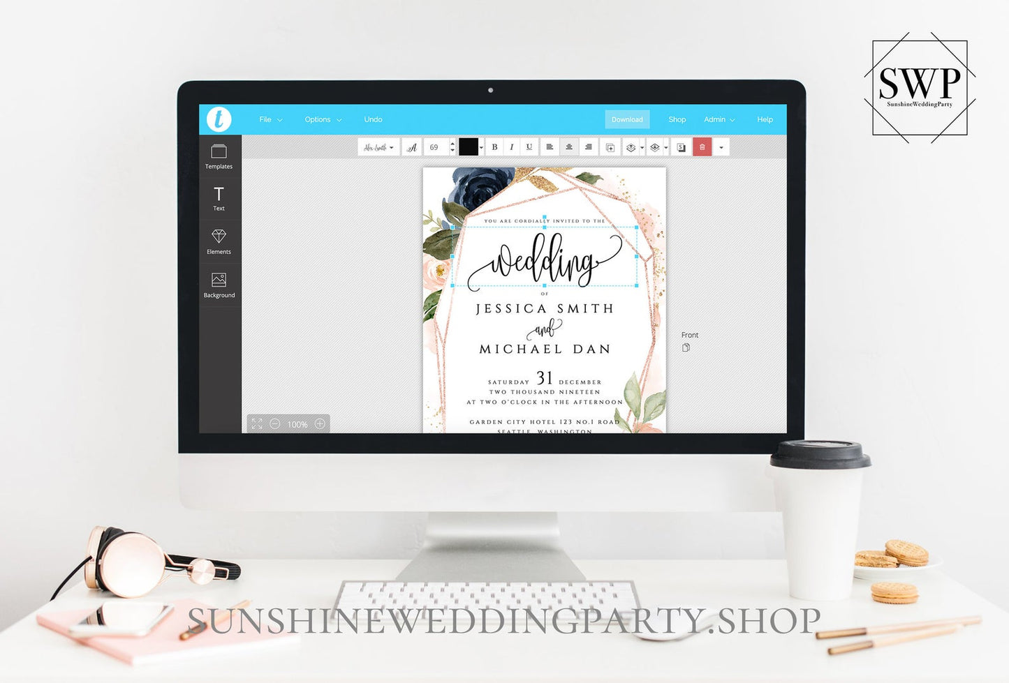 Navy Blush Floral Wedding Invitation Template
