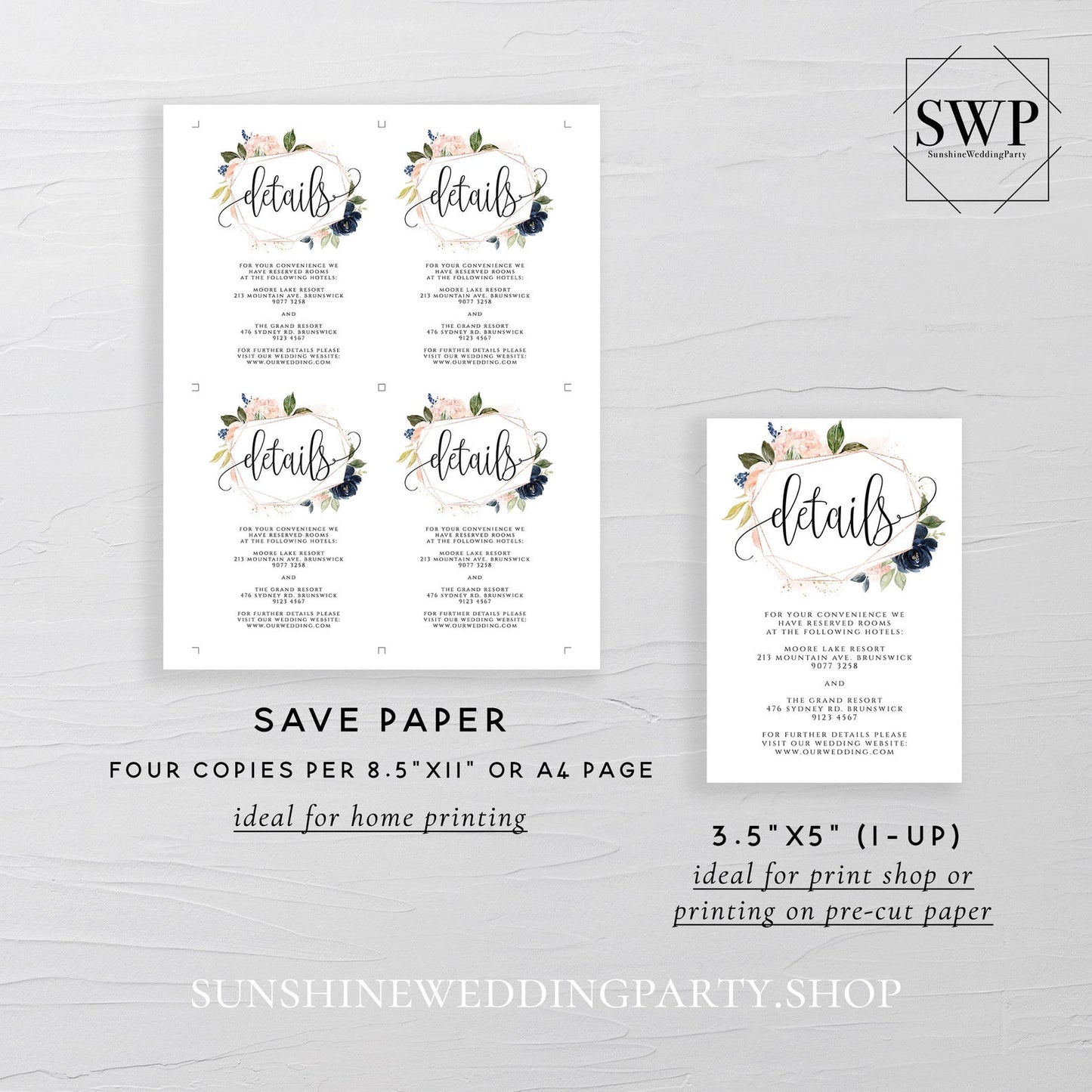 Navy Blush Floral Wedding Details Template