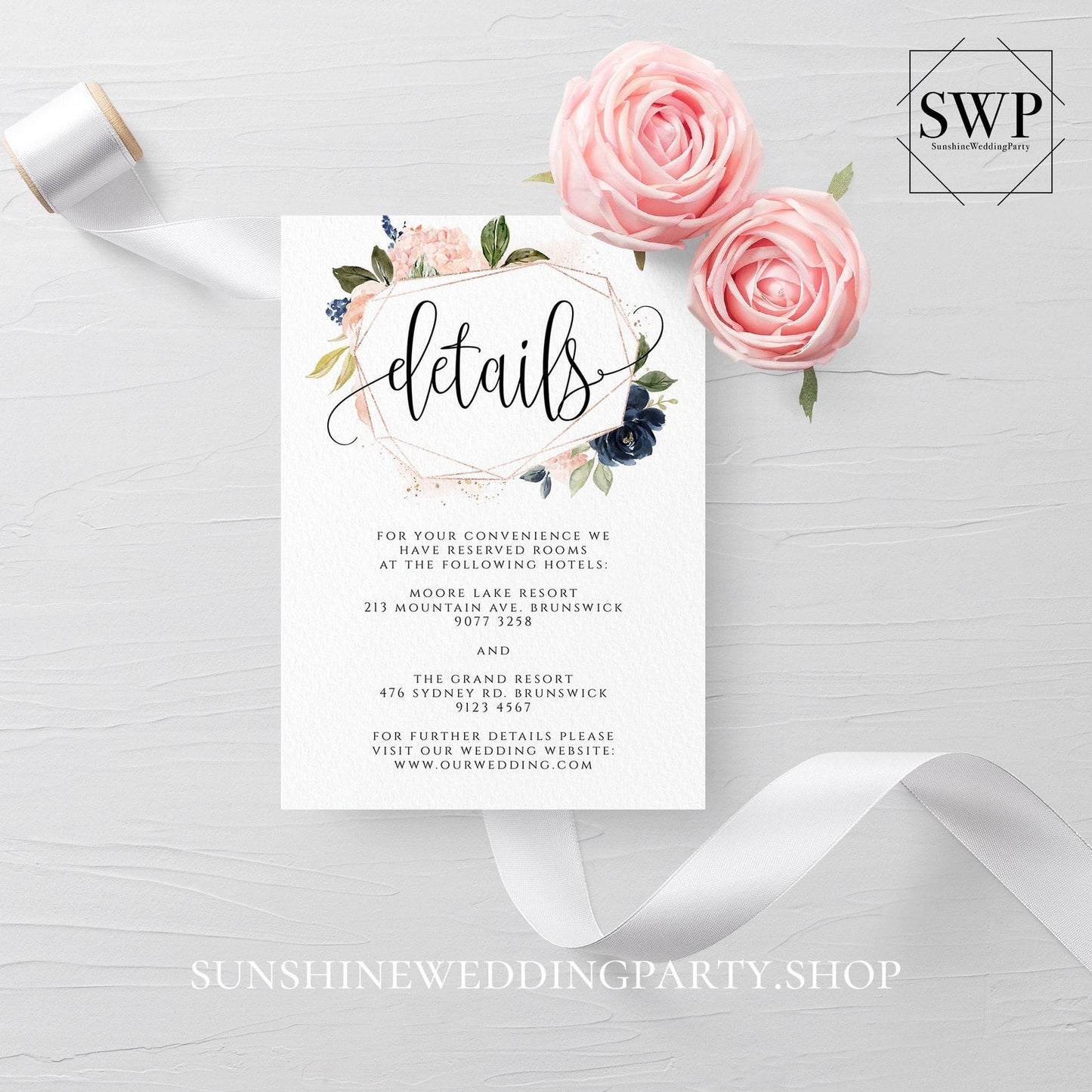 Navy Blush Floral Wedding Invitation Suite Template