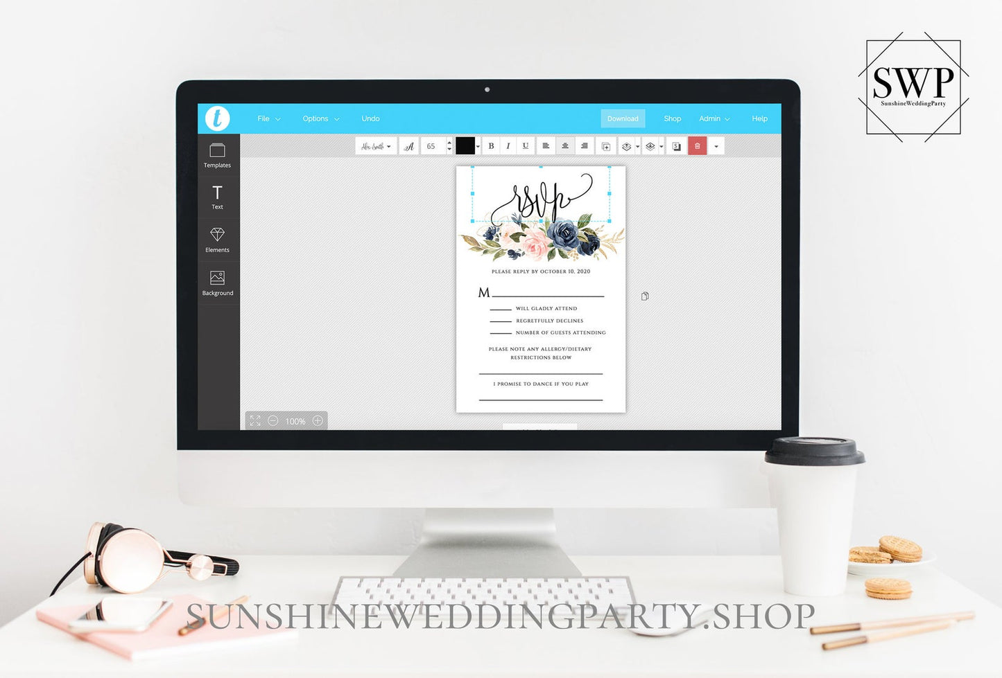 Navy Blush Floral Wedding RSVP Template
