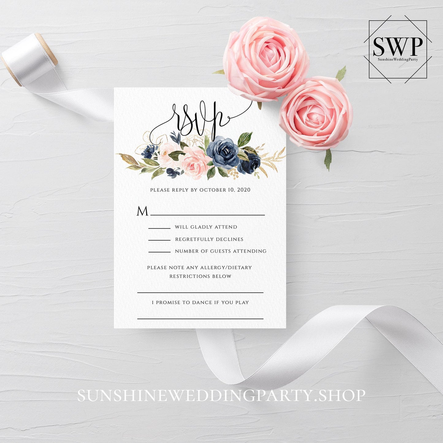Navy Blush Floral Wedding Invitation Suite Template