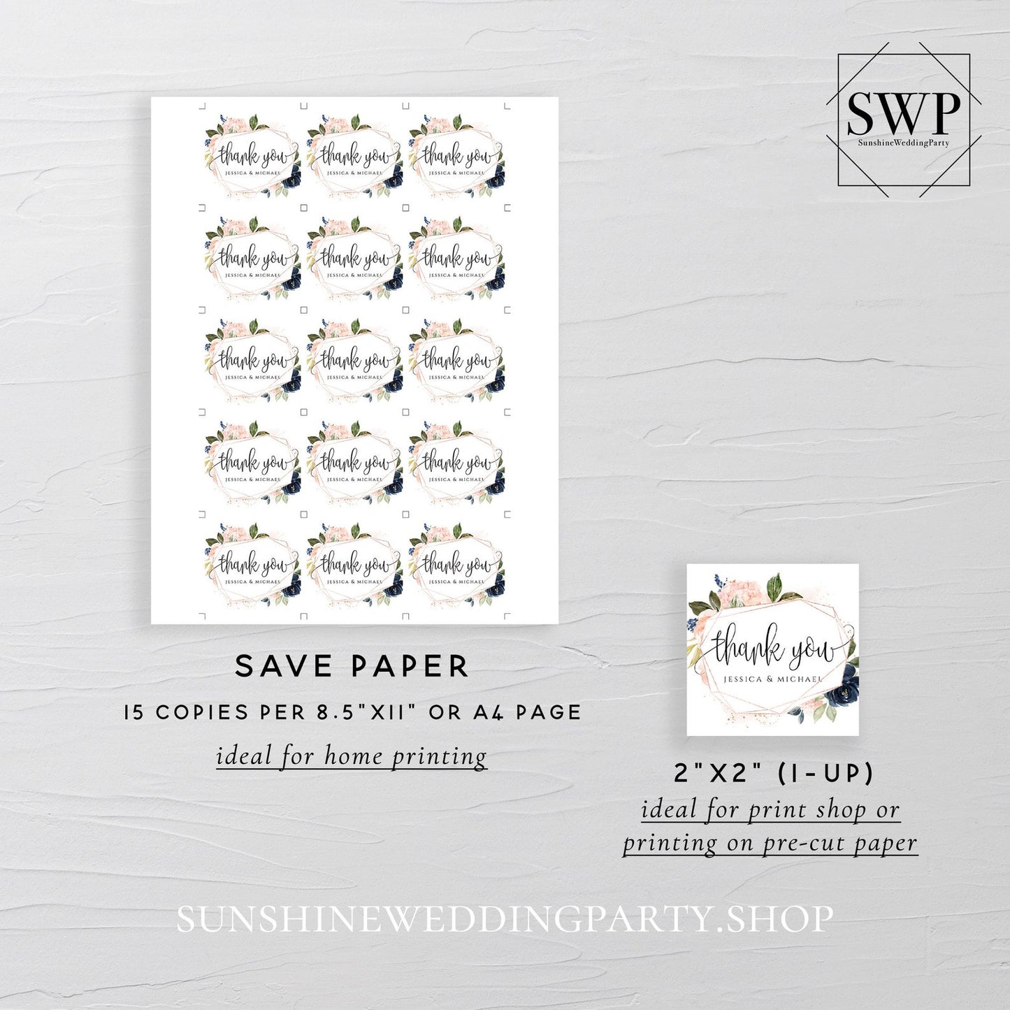 Navy Blush Floral Wedding Thank You Favor Tag Template