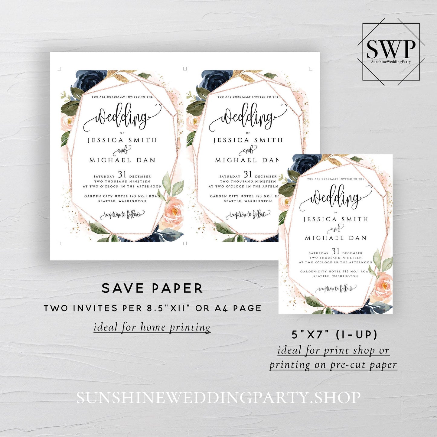 Navy Blush Floral Wedding Invitation Suite Template