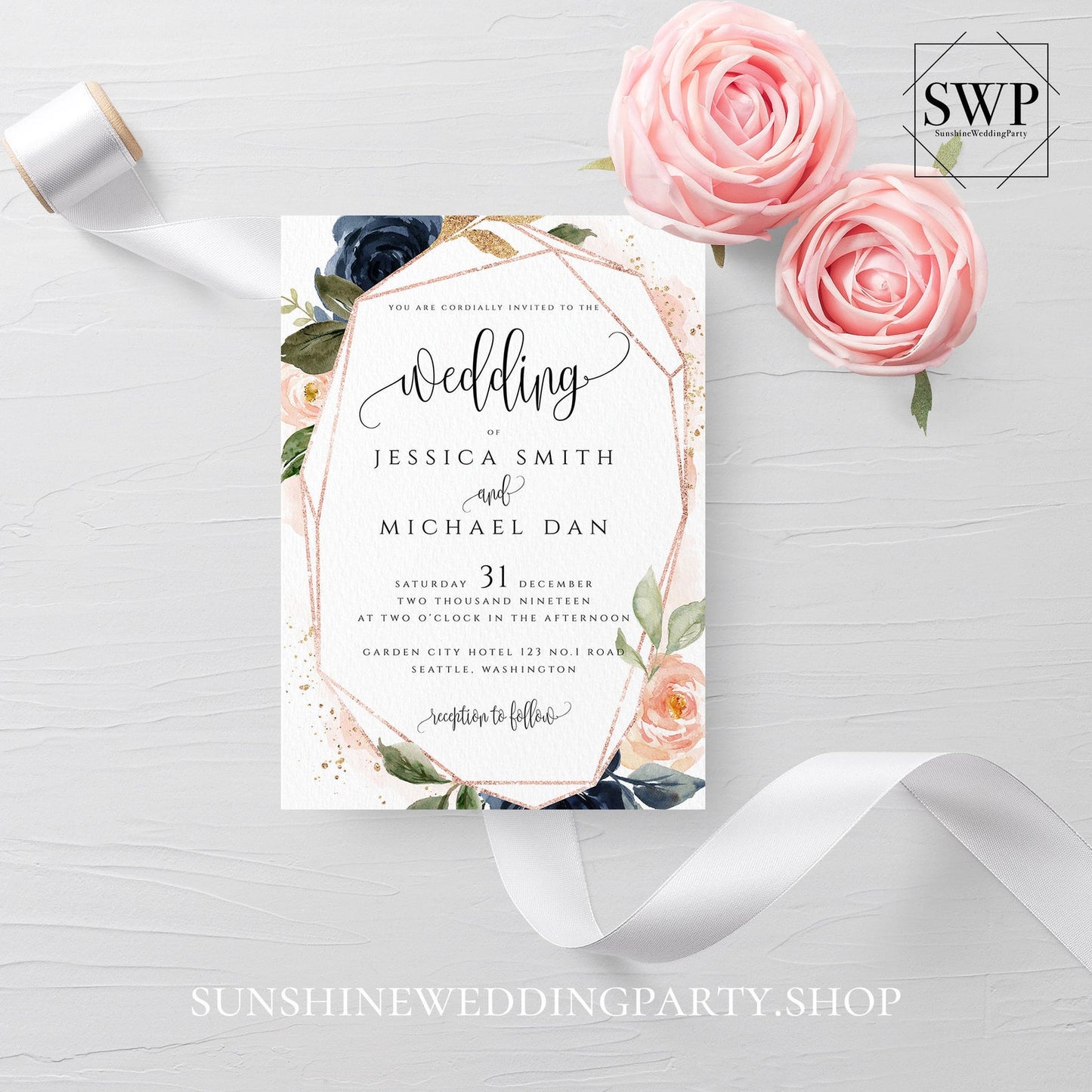Navy Blush Floral Wedding Invitation Suite Template