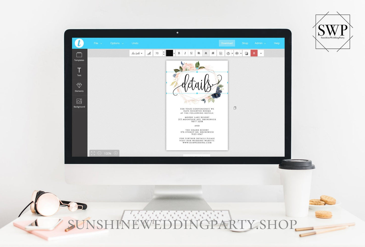 Navy Blush Floral Wedding Details Template