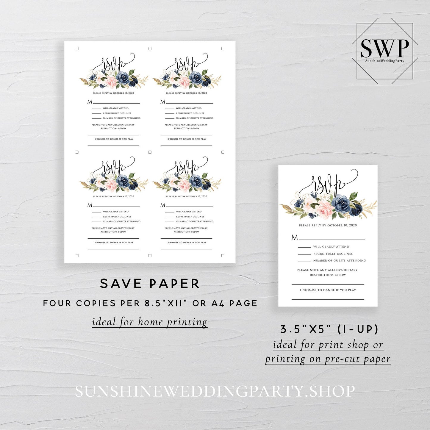 Navy Blush Floral Wedding RSVP Template