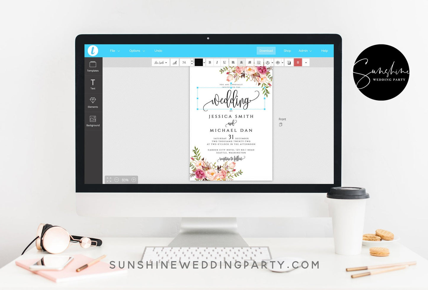 Marsala Red Pink Floral Wedding Invitation Suite Template