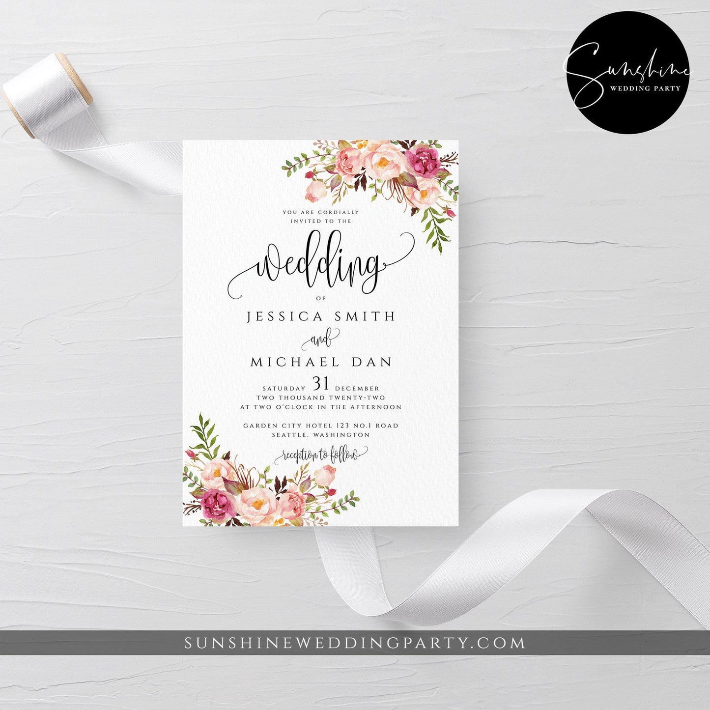 Marsala Red Pink Floral Wedding Invitation Suite Template