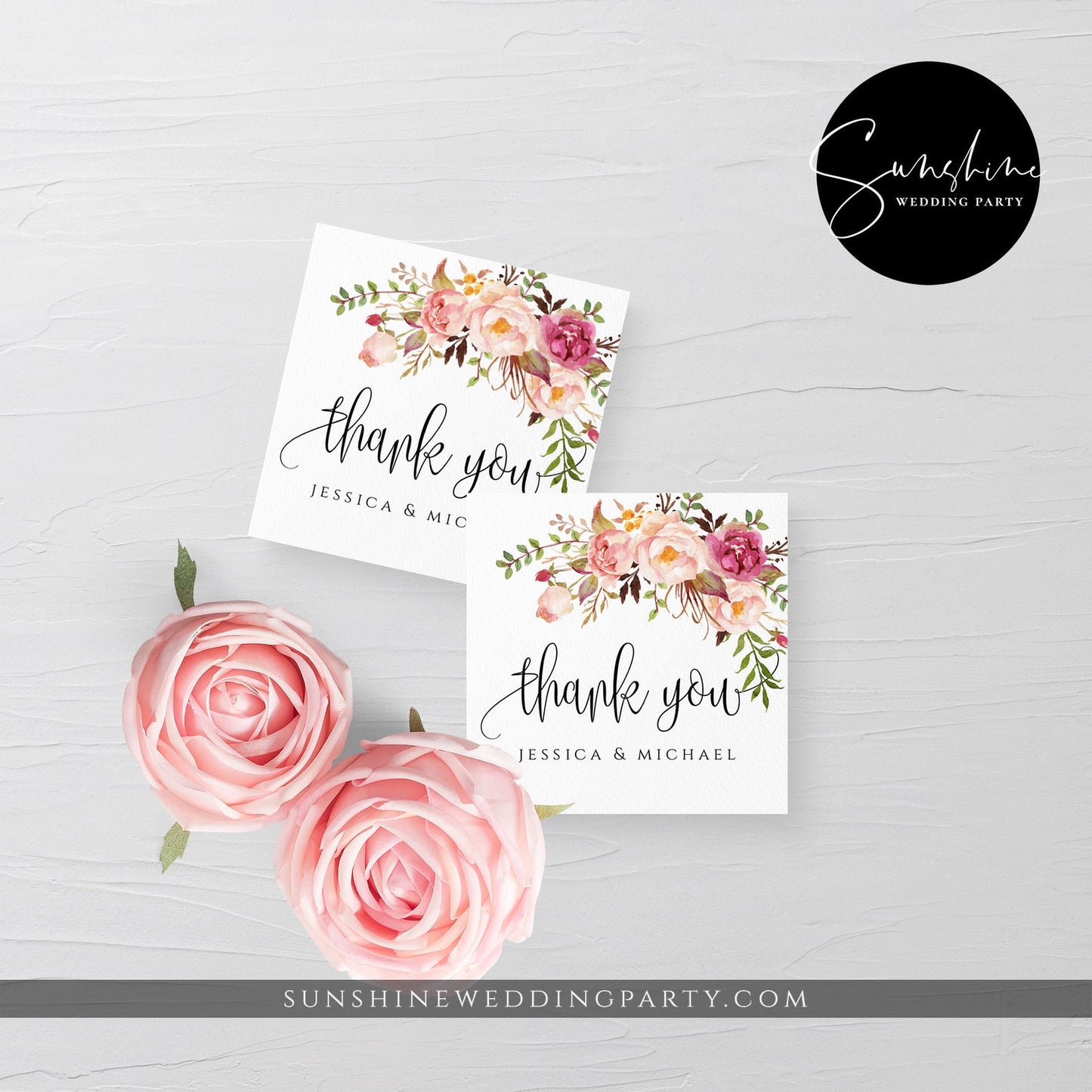 Marsala Red Pink Floral Wedding Thank You Tag Template