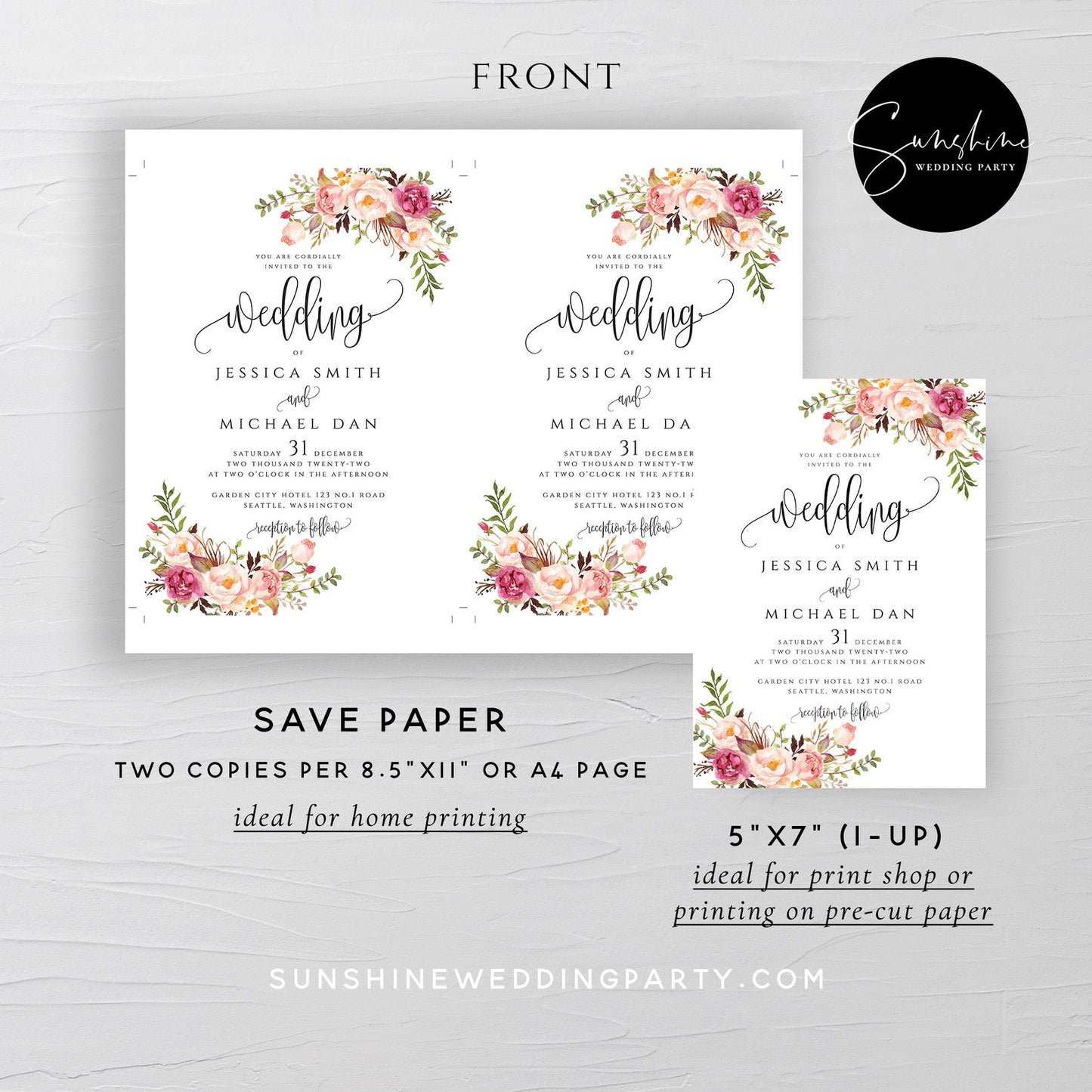 Marsala Red Pink Floral Wedding Invitation Suite Template