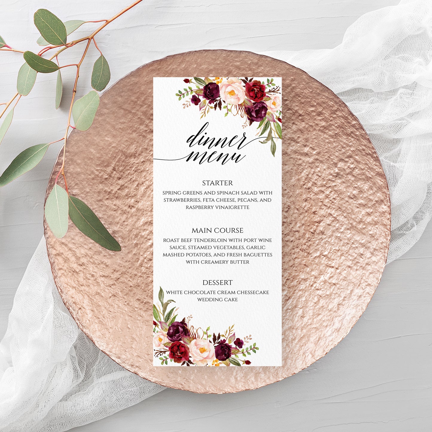 Marsala Red Floral Wedding Menu Template