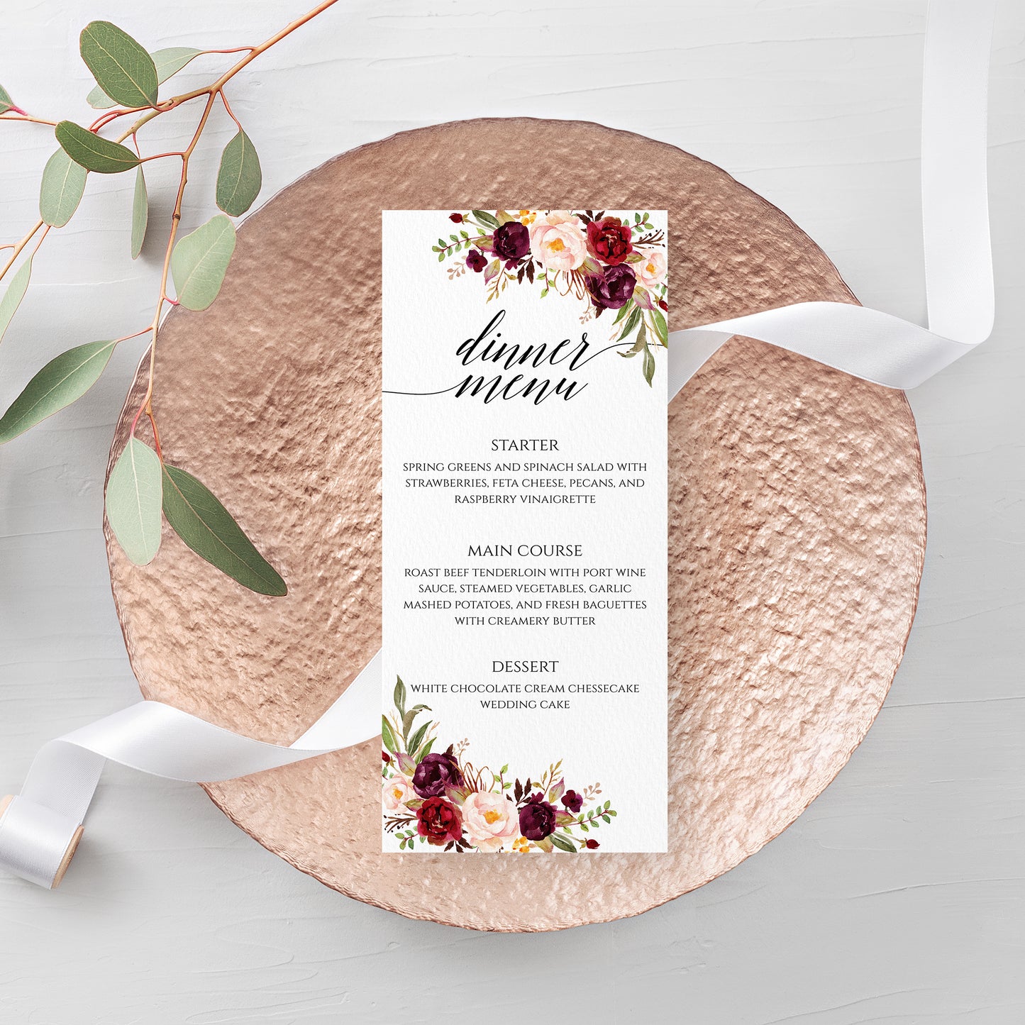 Marsala Red Floral Wedding Menu Template