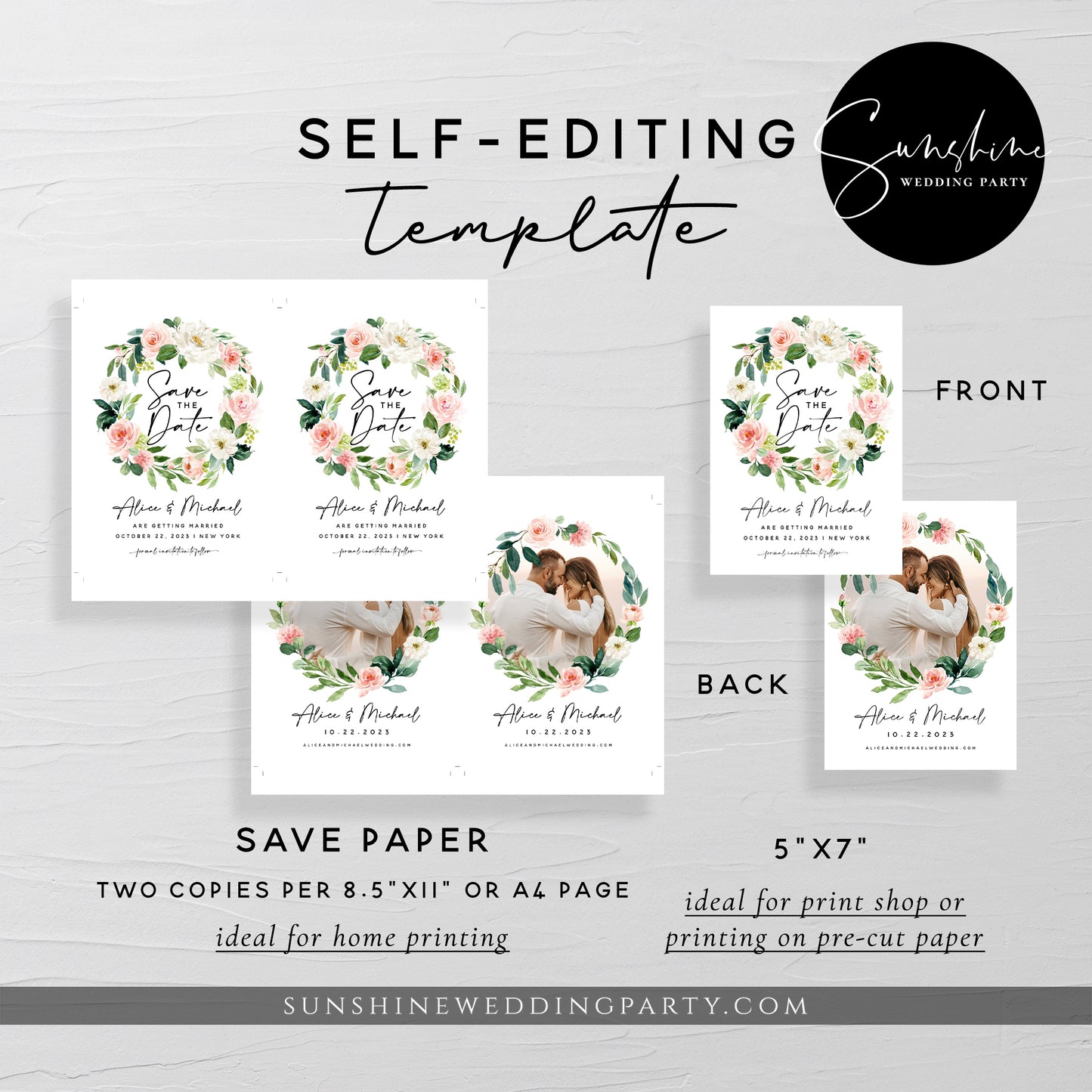 White and Pink Blush Floral Photo Save the Date Template