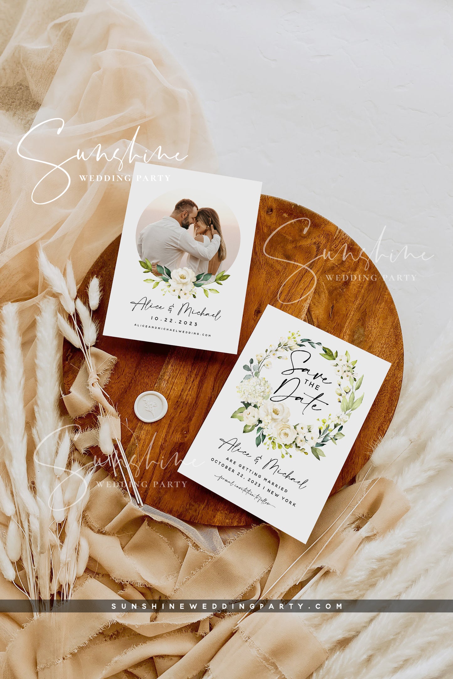 White Floral Photo Save the Date Template