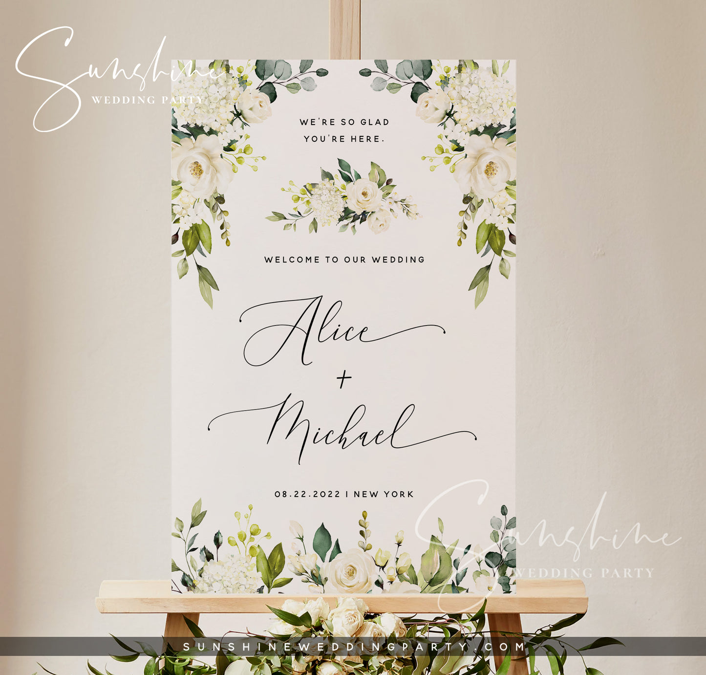 White Floral Wedding Welcome Sign Template