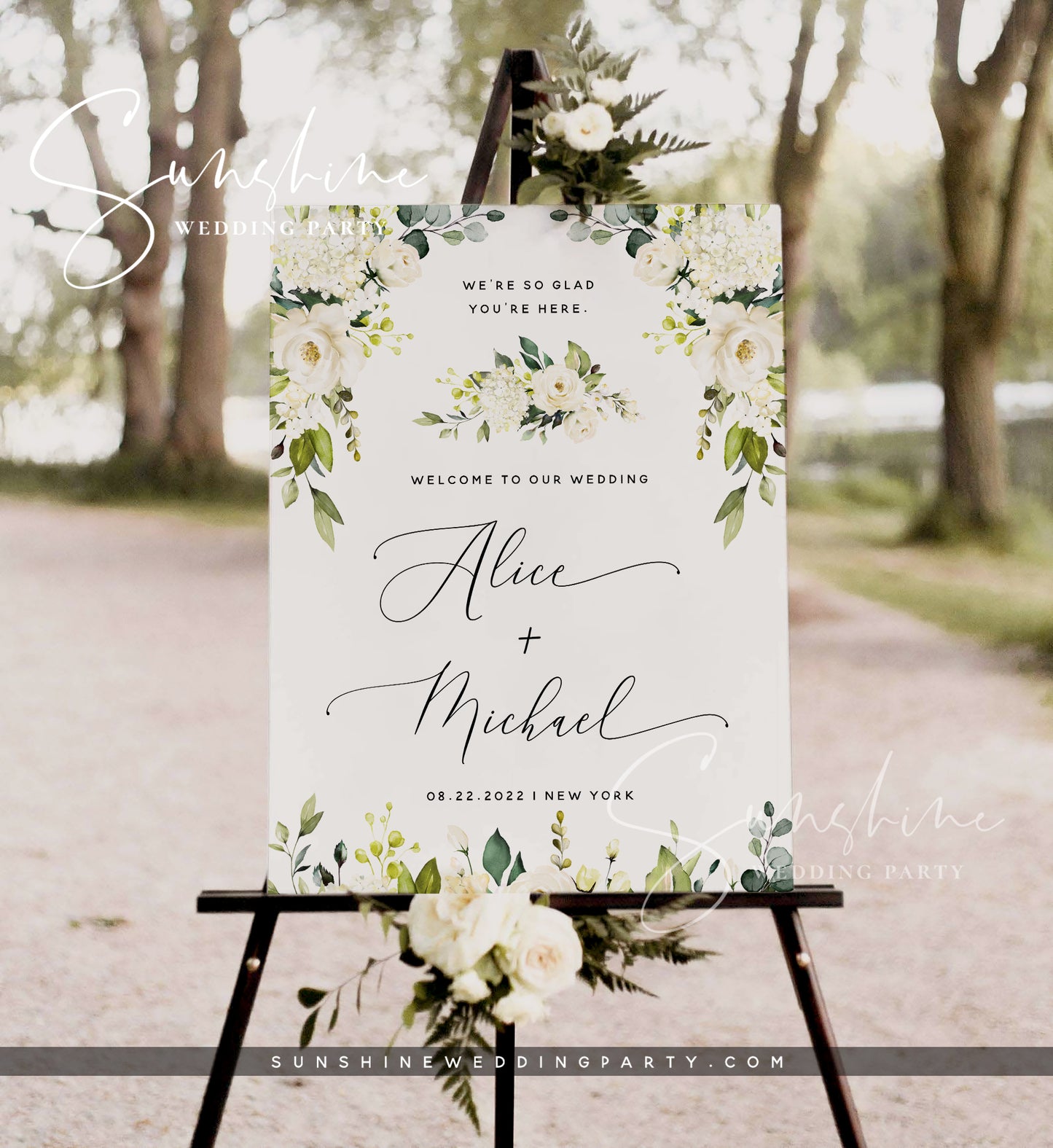 White Floral Wedding Welcome Sign Template