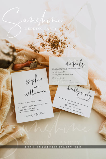 Wedding Invitation Kit, Printable Modern Minimalist Invitation Suite, Editable Template