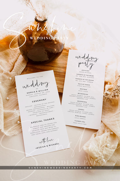 Modern Wedding Program Cards, Printable DIY Program, Editable Template
