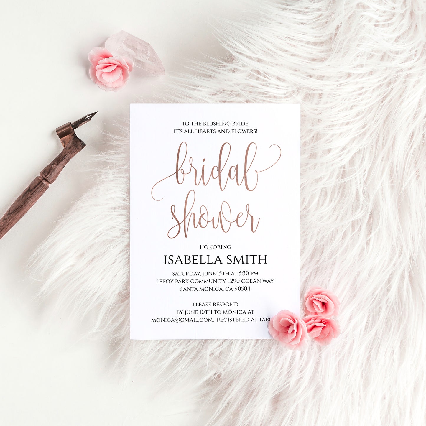 Modern Minimalist Bridal Shower Invitation Card Template, Rose Gold Foil