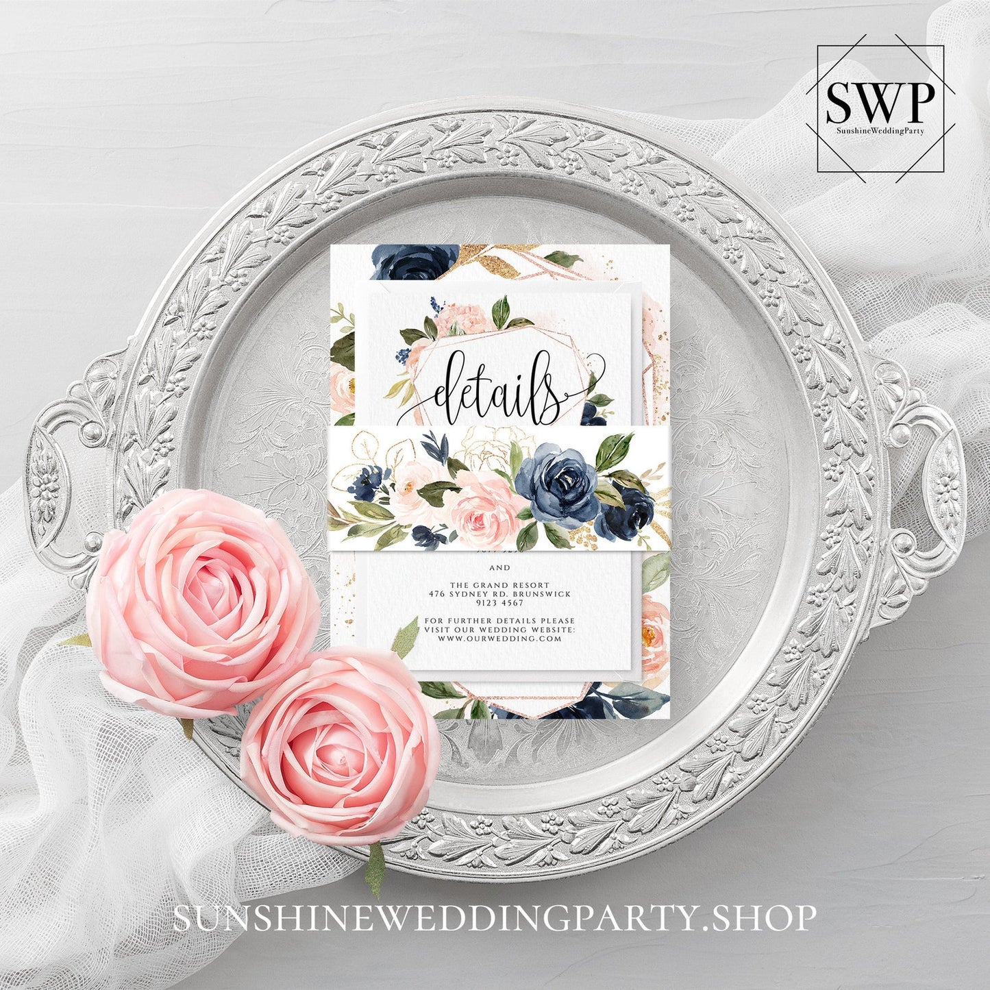 Navy Blush Floral Wedding Invitation Suite Template