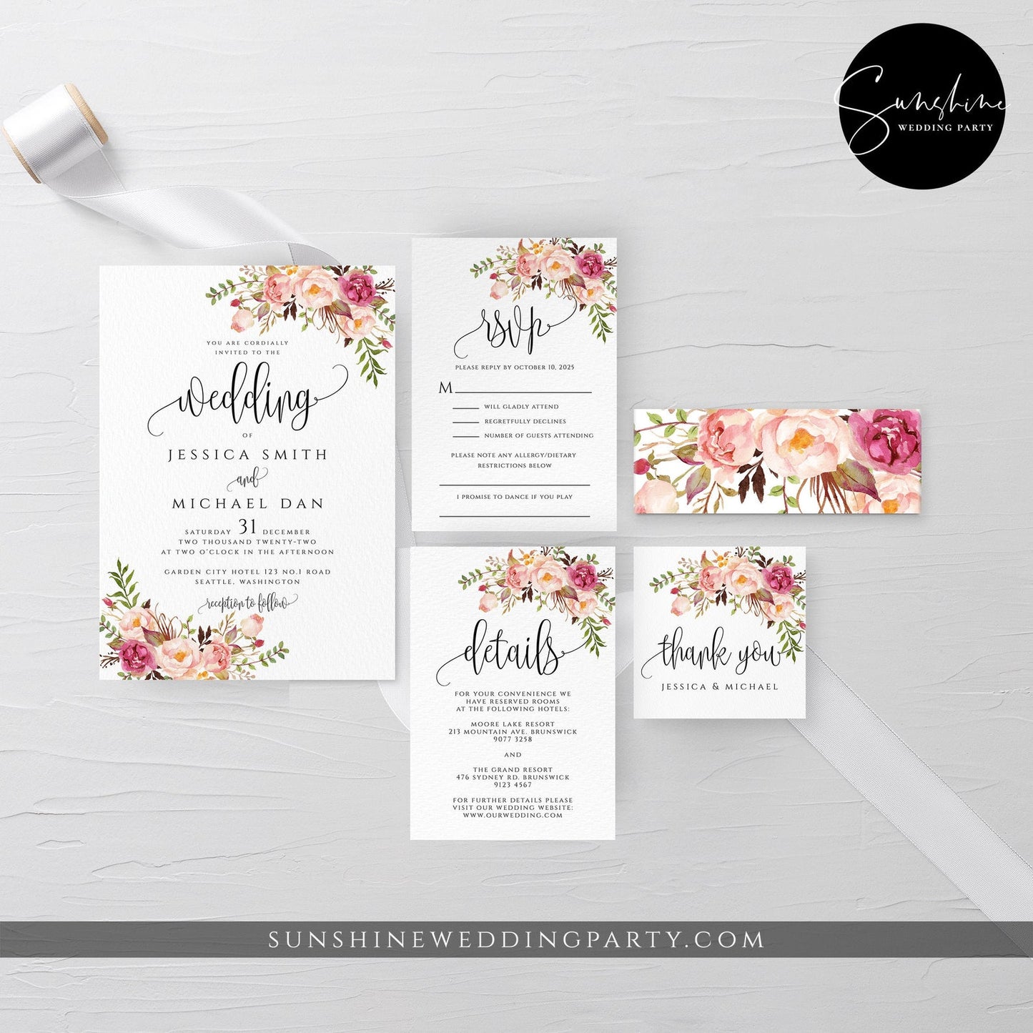 Marsala Red Pink Floral Wedding Invitation Suite Template